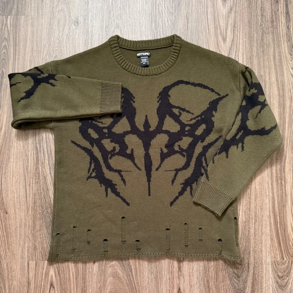 Hot Topic Mens Olive Green Graphic Knit Sweater Distressed Punk Goth Small